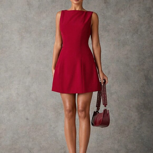 Burgundy Elegant Women's Solid Color Sleeveless Bodycon Mini Dress - Picture 6 of 6
